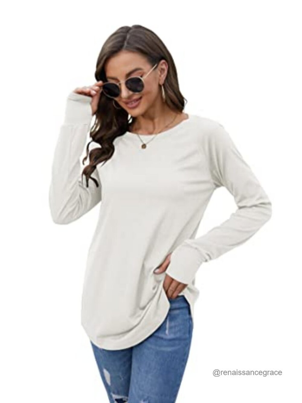Womens Long Sleeve Tunic Top Thumb Holes Loose Fit Crew Neck Pullover - Picture 4 of 6